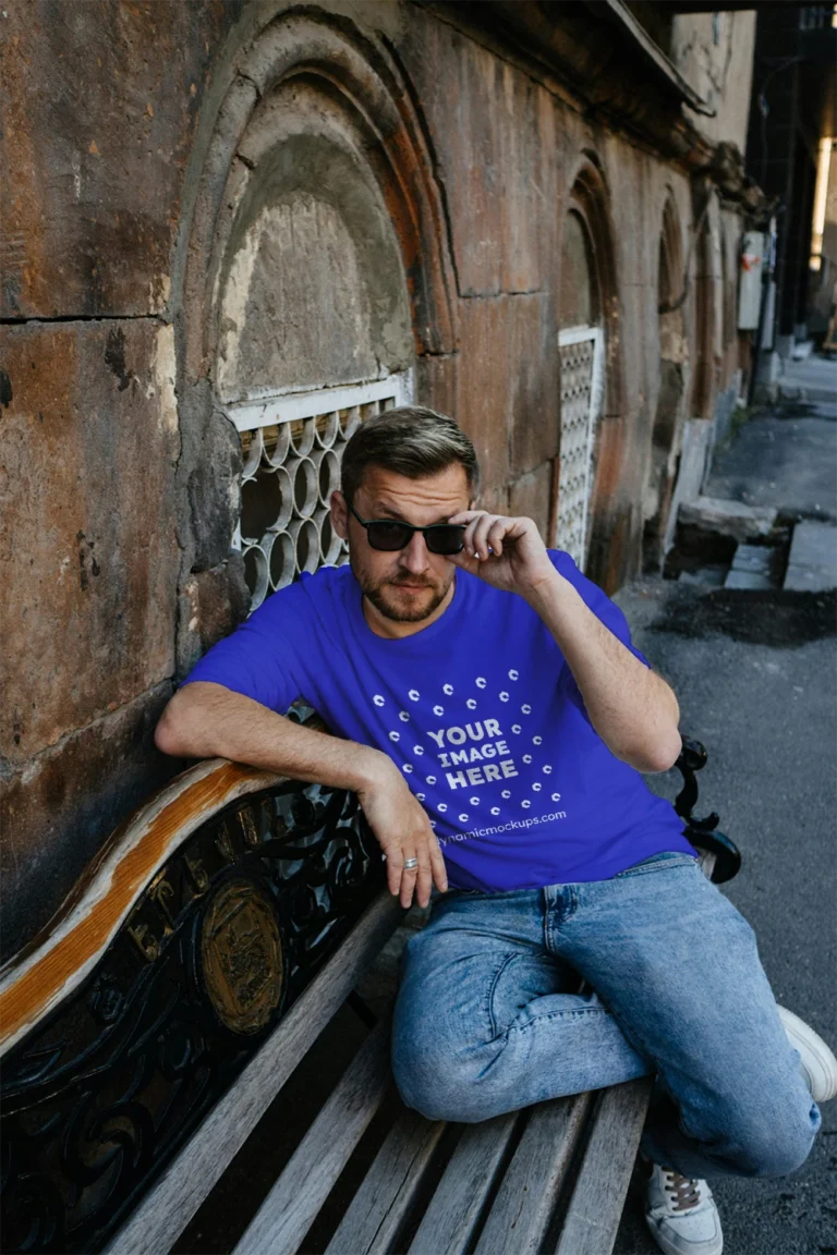 Man Wearing Blue T-shirt Mockup Front View Template