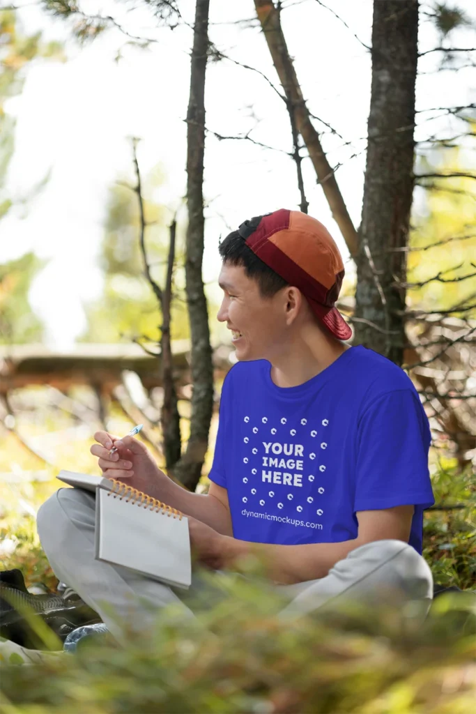 Man Wearing Blue T-shirt Mockup Front View Template