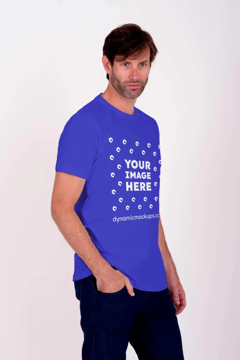 Man Wearing Blue T-shirt Mockup Side View Template