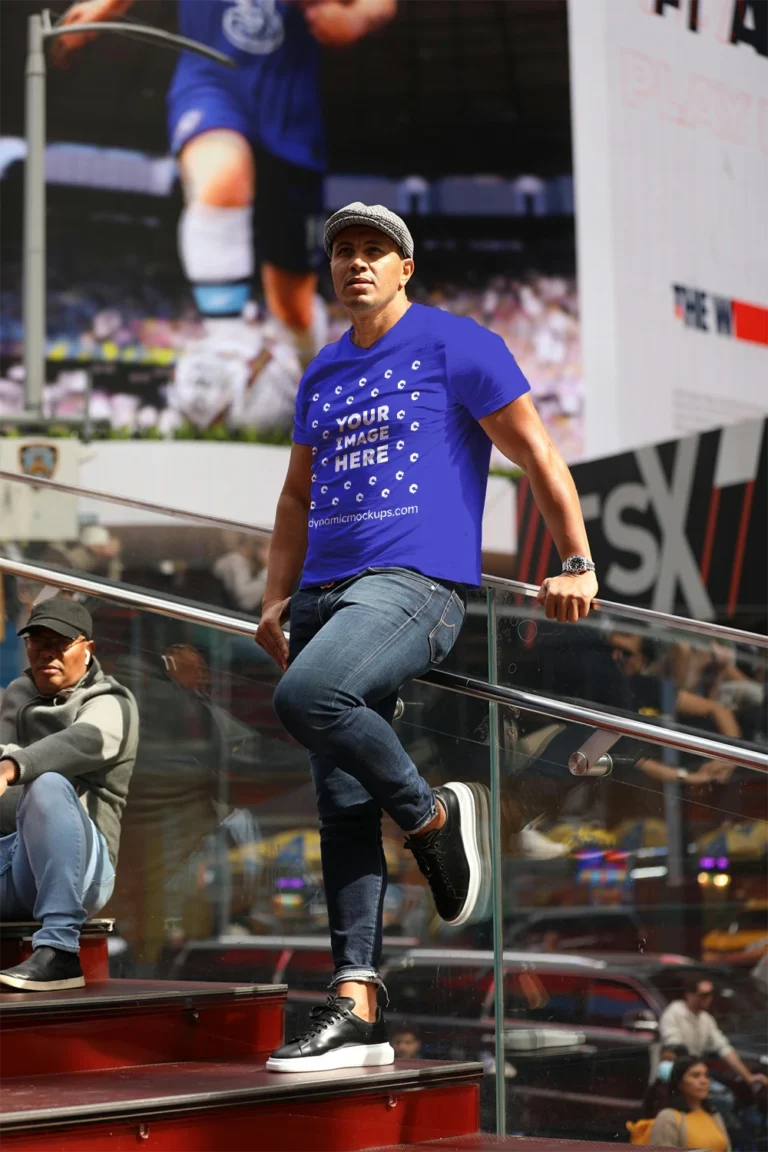 Man Wearing Blue T-shirt Mockup Front View Template