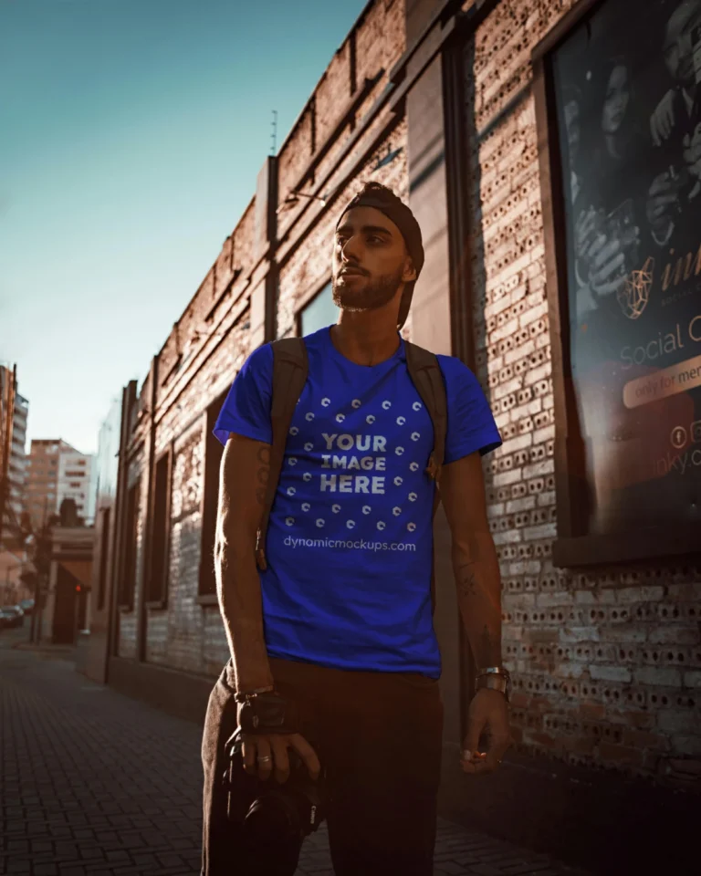 Man Wearing Blue T-shirt Mockup Front View Template