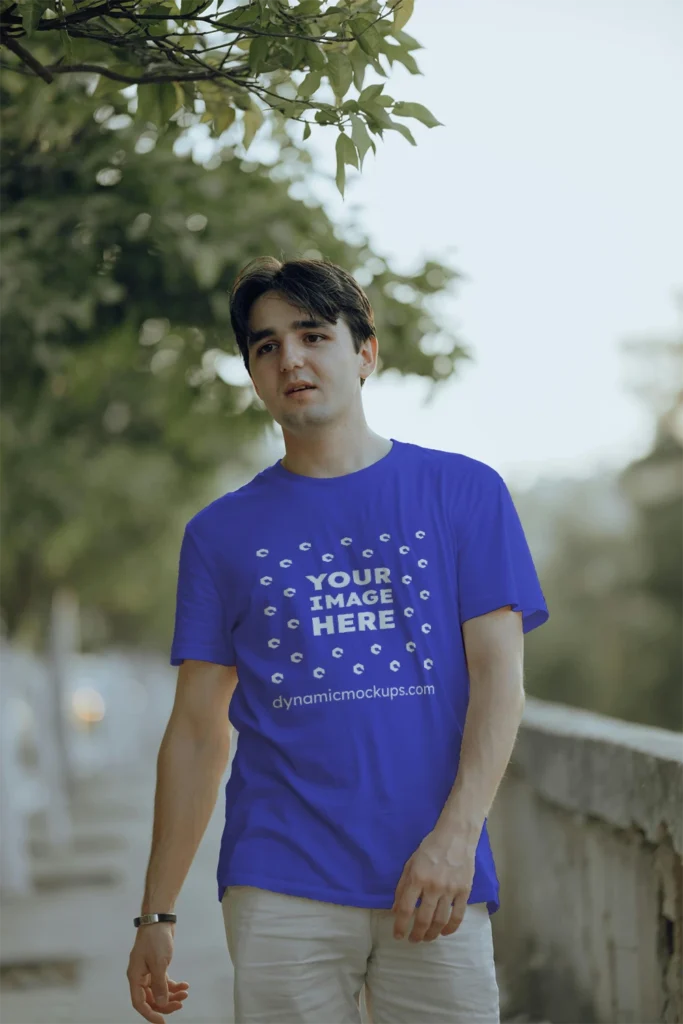 Man Wearing Blue T-shirt Mockup Front View Template