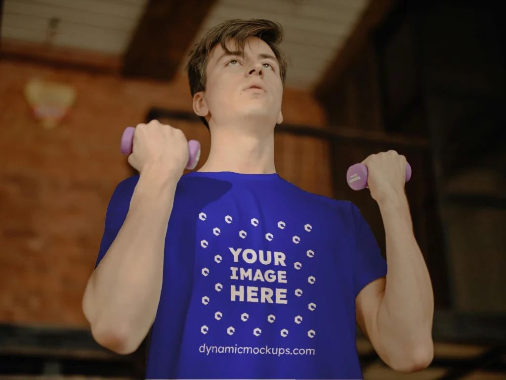 Man Wearing Blue T-shirt Mockup Front View Template