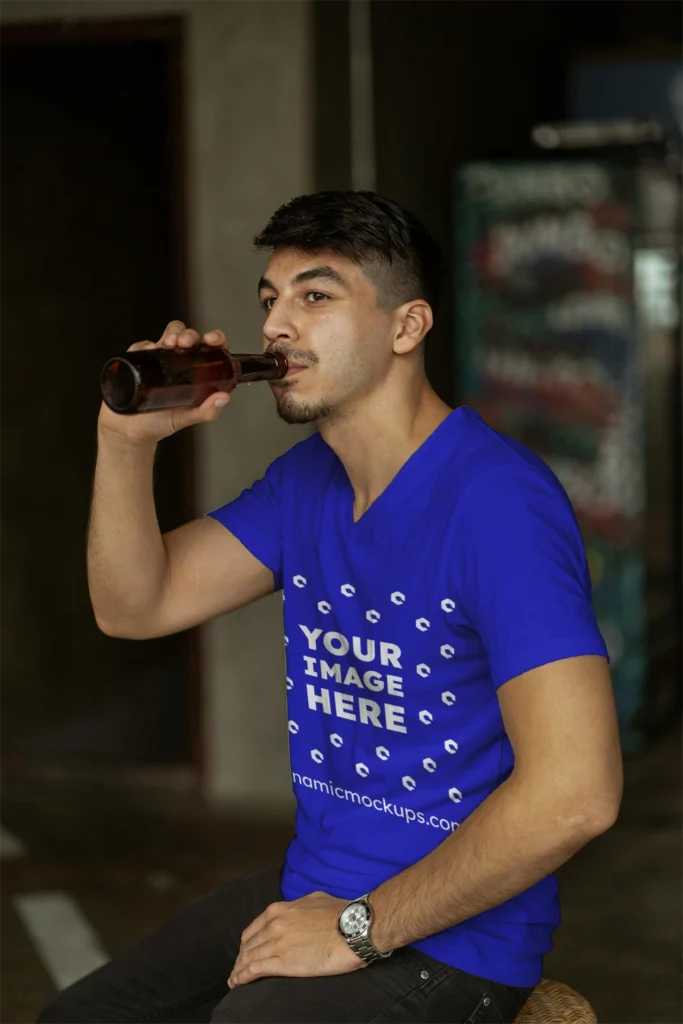 Man Wearing Blue T-shirt Mockup Side View Template