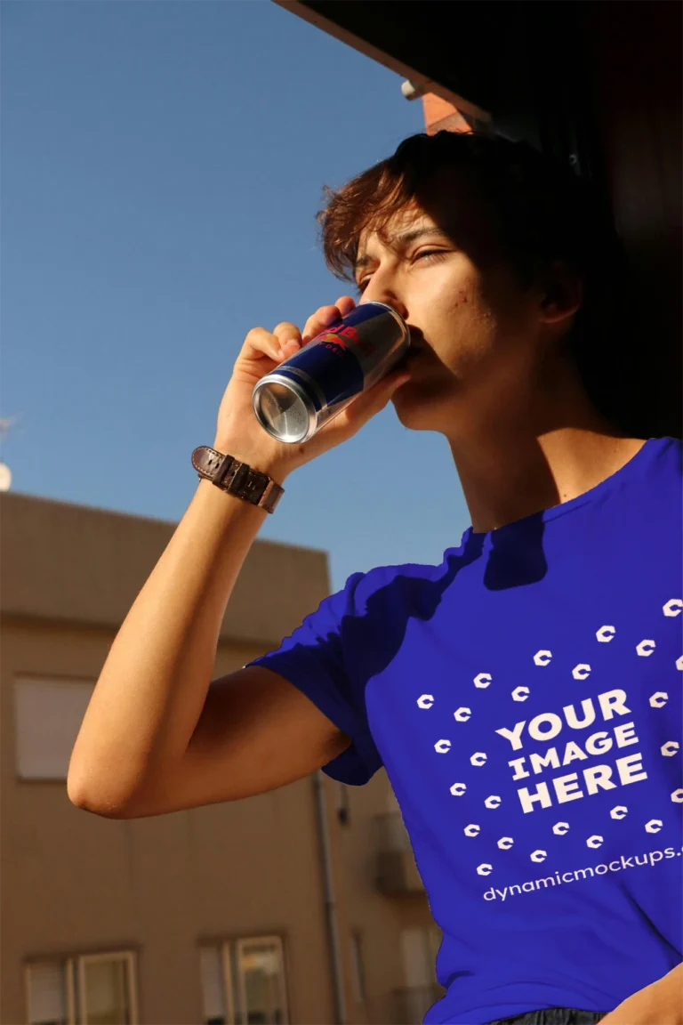 Man Wearing Blue T-shirt Mockup Front View Template