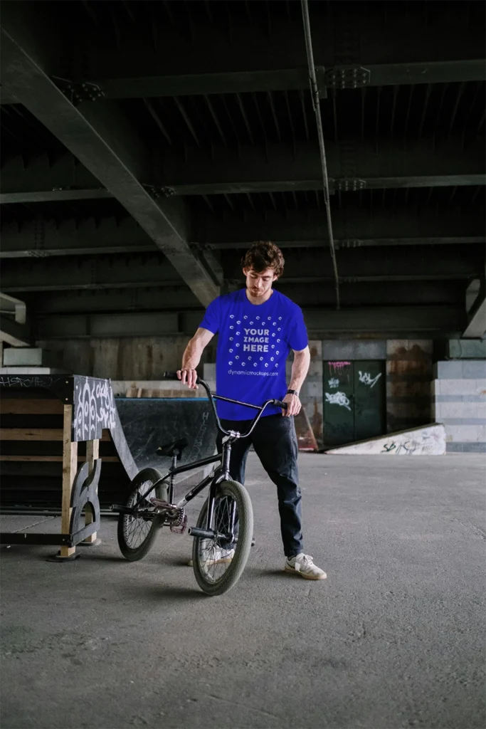 Man Wearing Blue T-shirt Mockup Front View Template