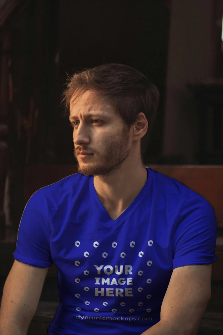 Man Wearing Blue T-shirt Mockup Front View Template