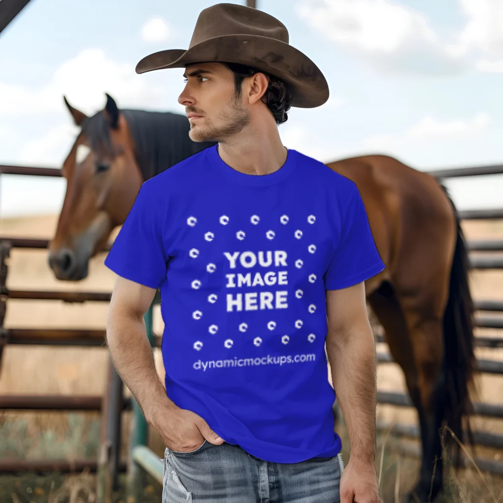 Man Wearing Blue T-shirt Mockup Front View Template