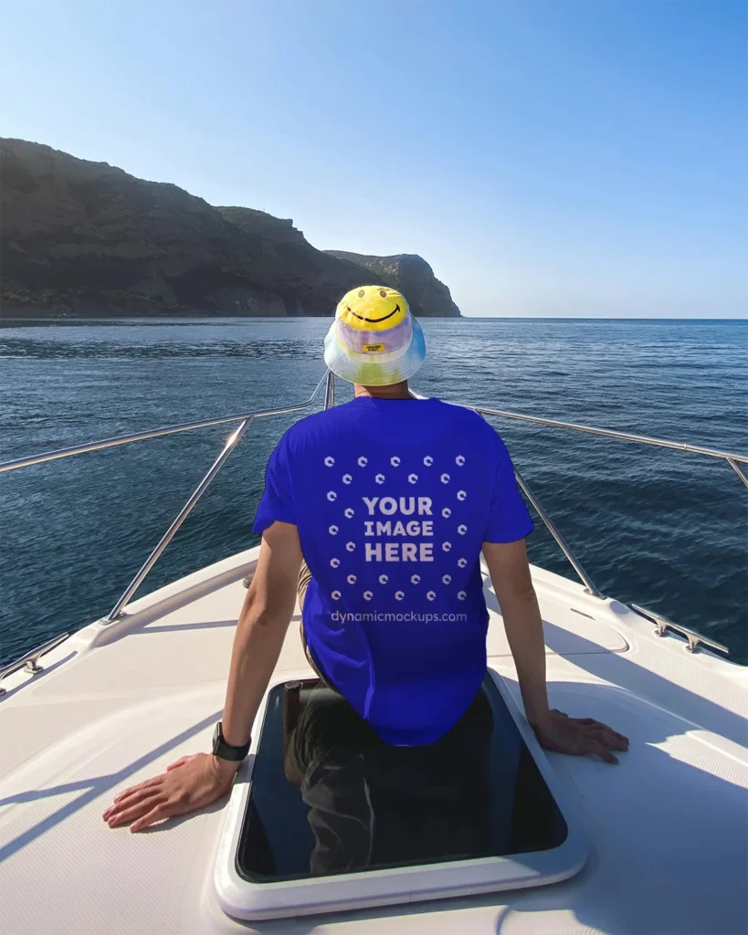 Man Wearing Blue T-shirt Mockup Back View Template