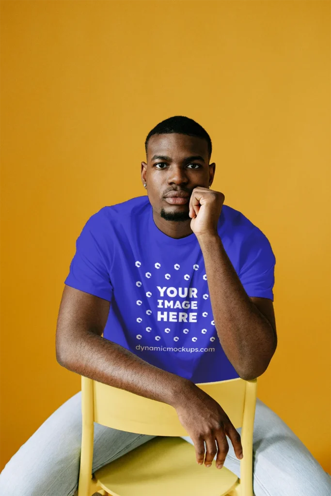 Man Wearing Blue T-shirt Mockup Front View Template