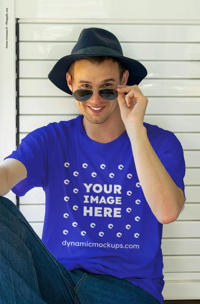 Man Wearing Blue T-shirt Mockup Front View Template