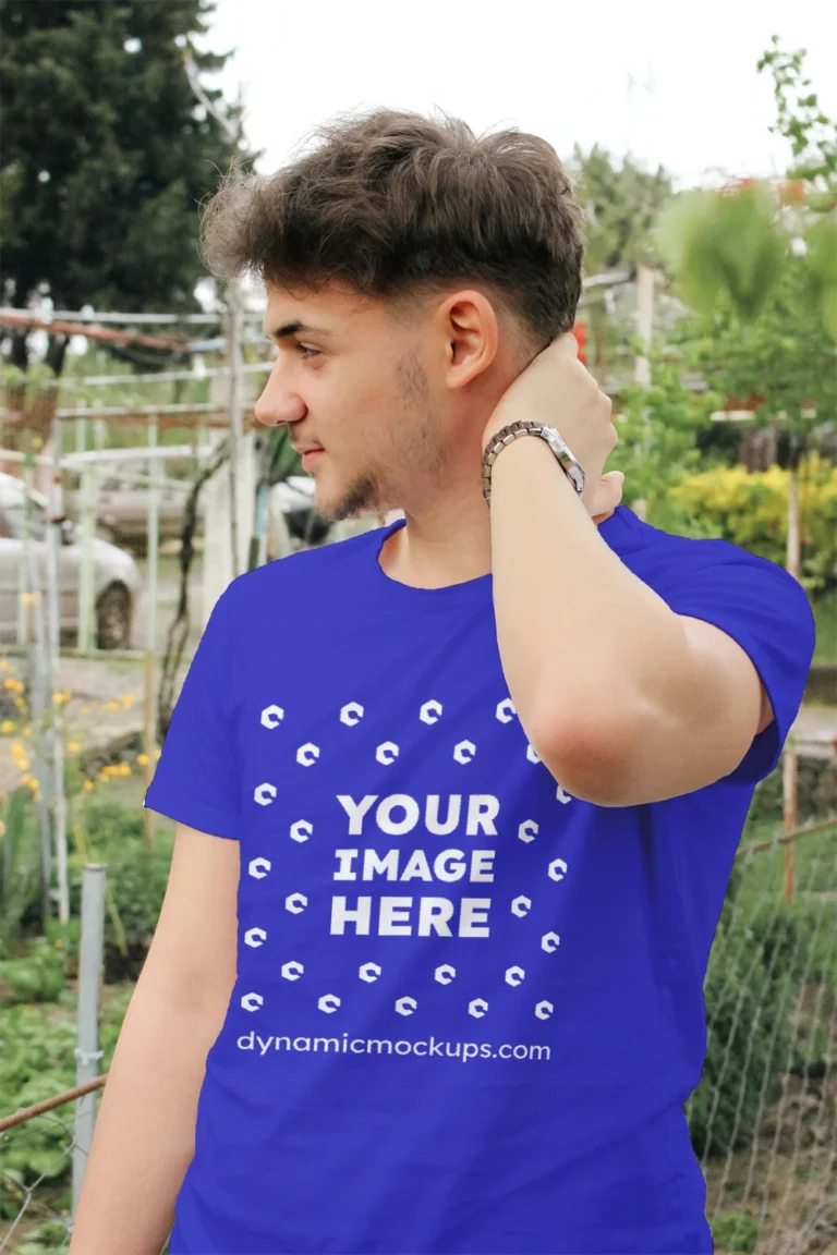 Man Wearing Blue T-shirt Mockup Front View Template