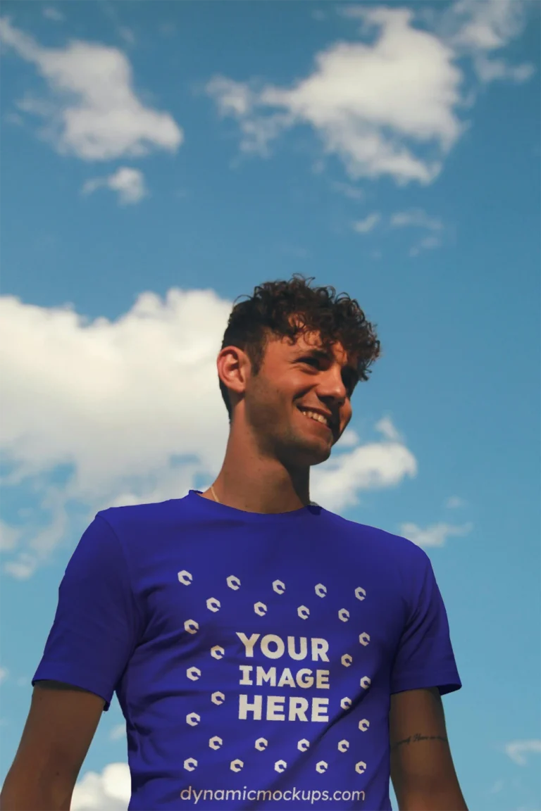 Man Wearing Blue T-shirt Mockup Front View Template