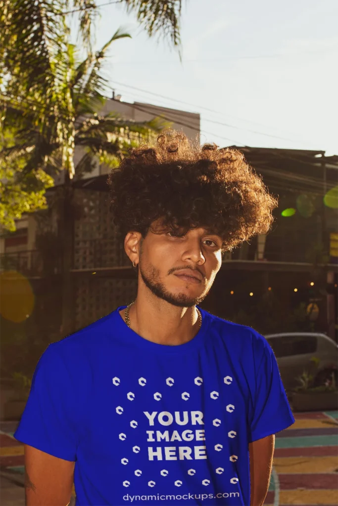 Man Wearing Blue T-shirt Mockup Front View Template