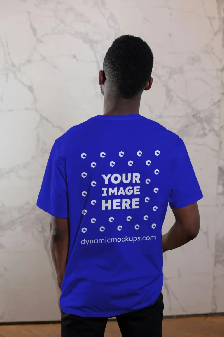 Man Wearing Blue T-shirt Mockup Back View Template