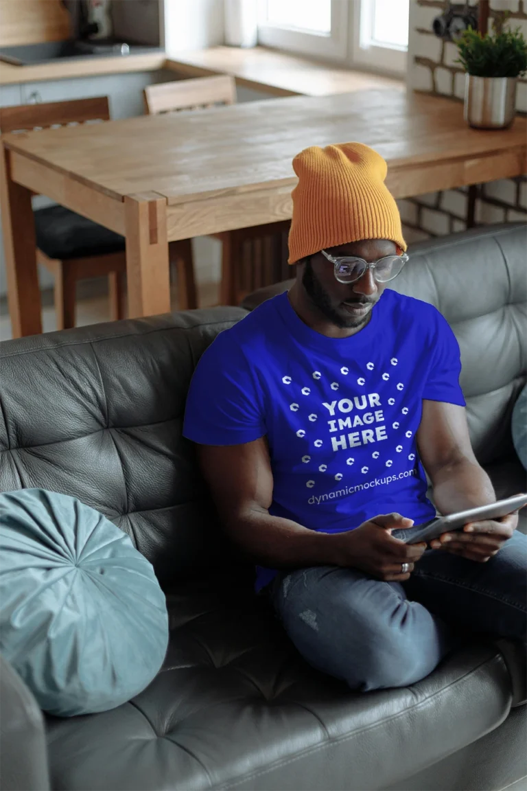 Man Wearing Blue T-shirt Mockup Front View Template