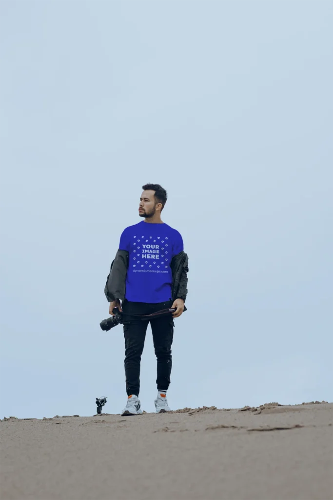 Man Wearing Blue T-shirt Mockup Front View Template