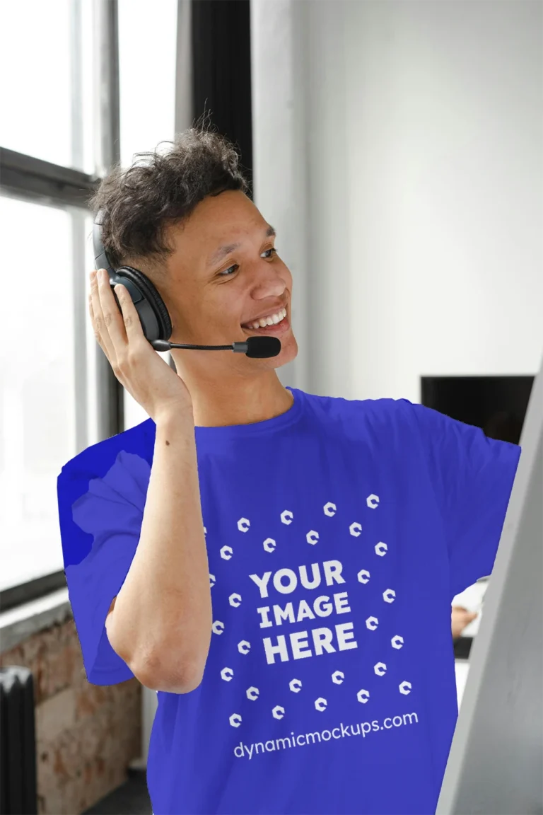 Man Wearing Blue T-shirt Mockup Front View Template