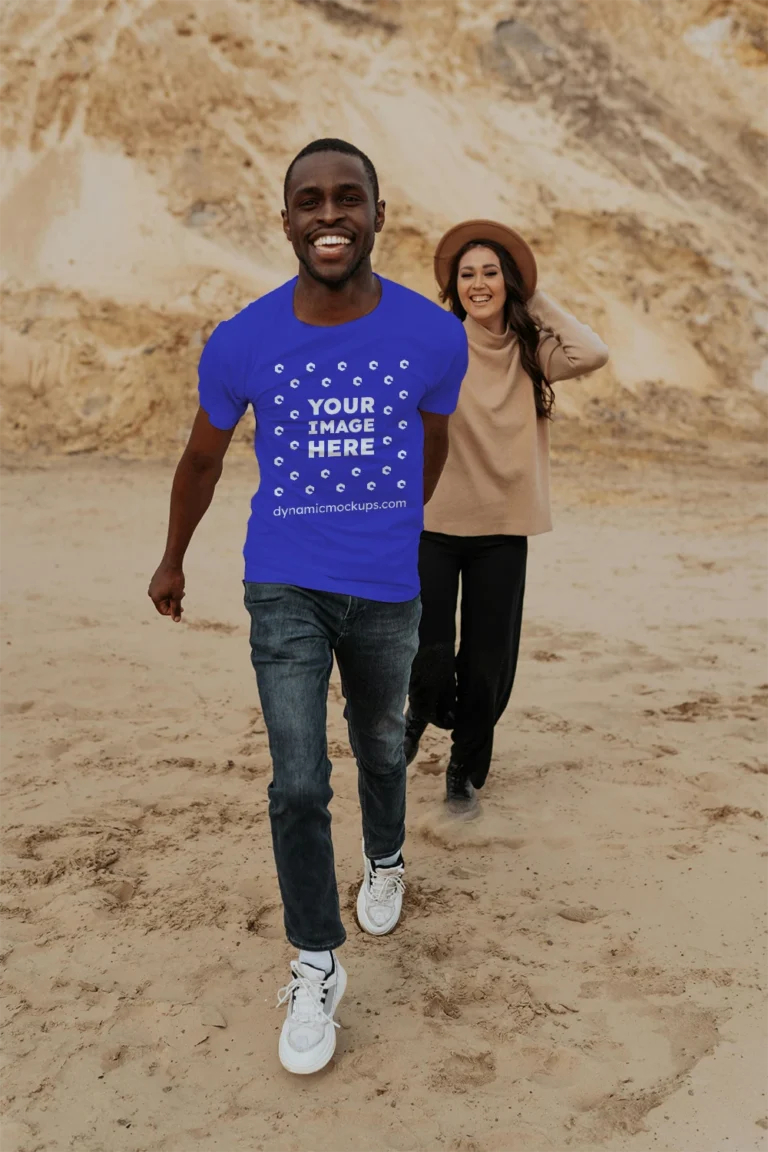 Man Wearing Blue T-shirt Mockup Front View Template