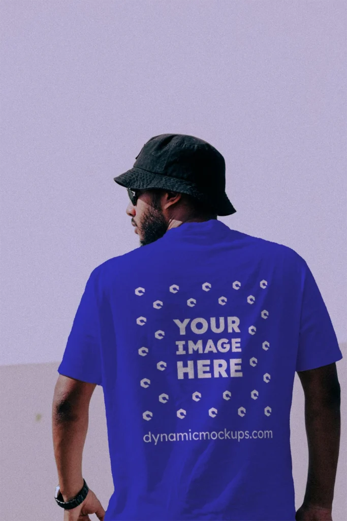 Man Wearing Blue T-shirt Mockup Back View Template