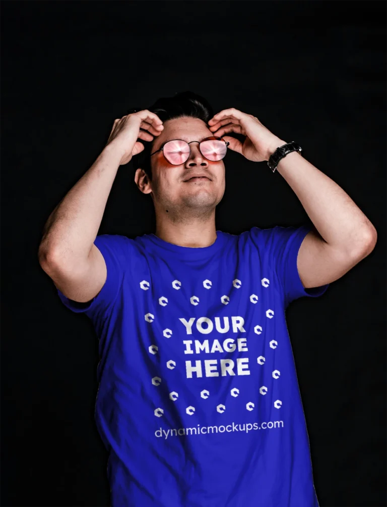 Man Wearing Blue T-shirt Mockup Front View Template