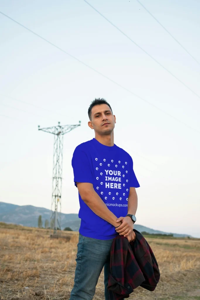 Man Wearing Blue T-shirt Mockup Front View Template