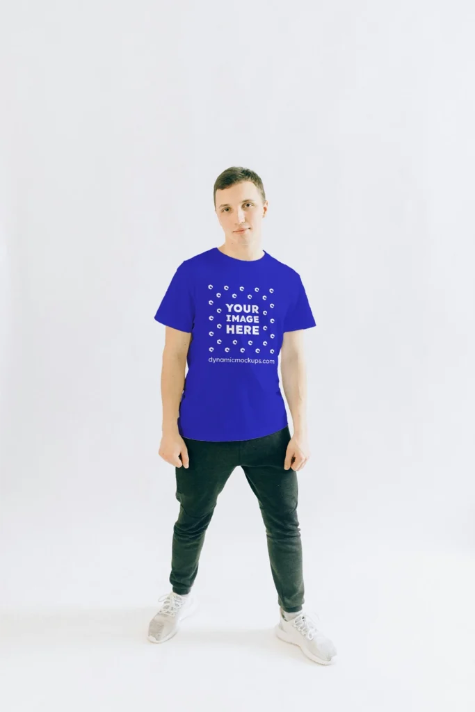 Man Wearing Blue T-shirt Mockup Front View Template