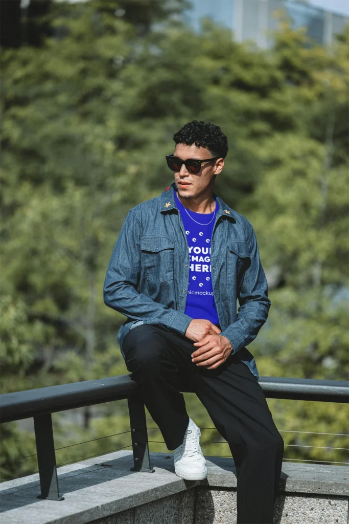 Man Wearing Blue T-shirt Mockup Front View Template