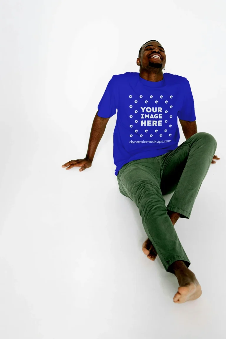 Man Wearing Blue T-shirt Mockup Front View Template