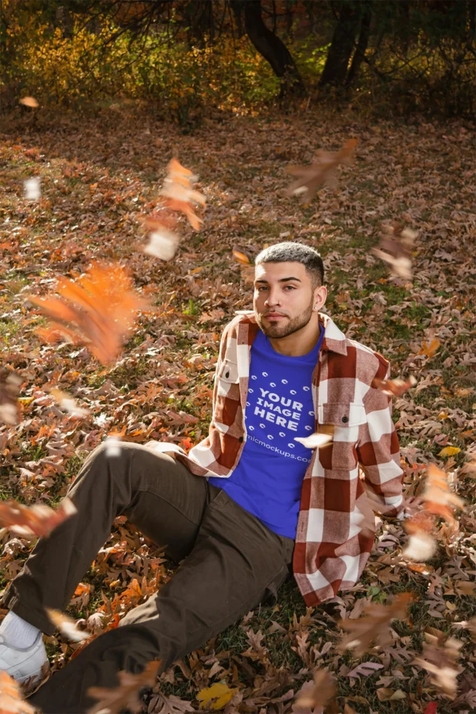 Man Wearing Blue T-shirt Mockup Front View Template