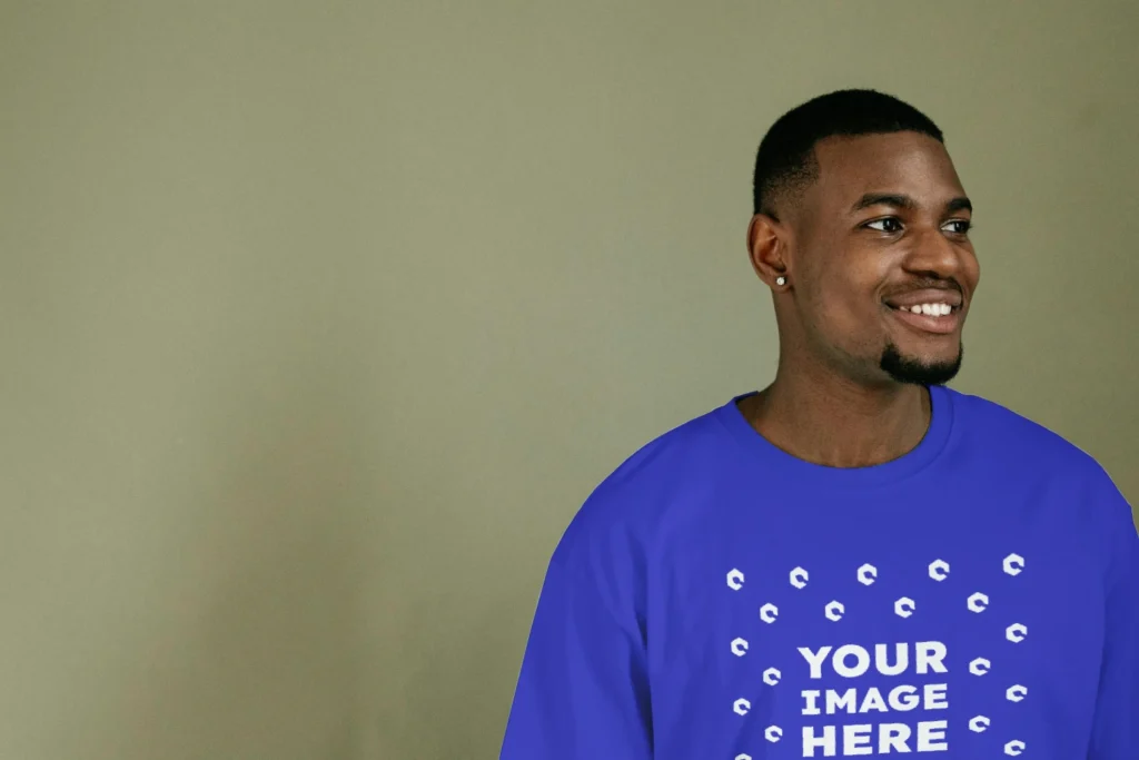 Man Wearing Blue T-shirt Mockup Front View Template