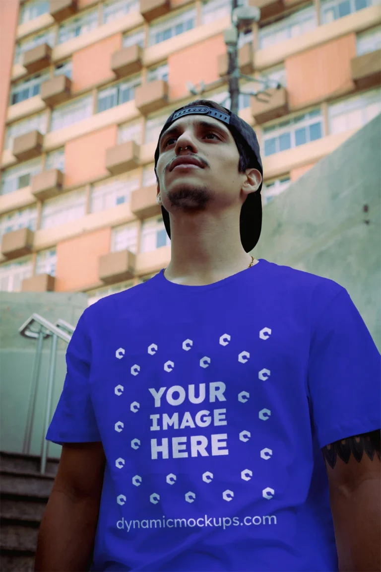 Man Wearing Blue T-shirt Mockup Front View Template