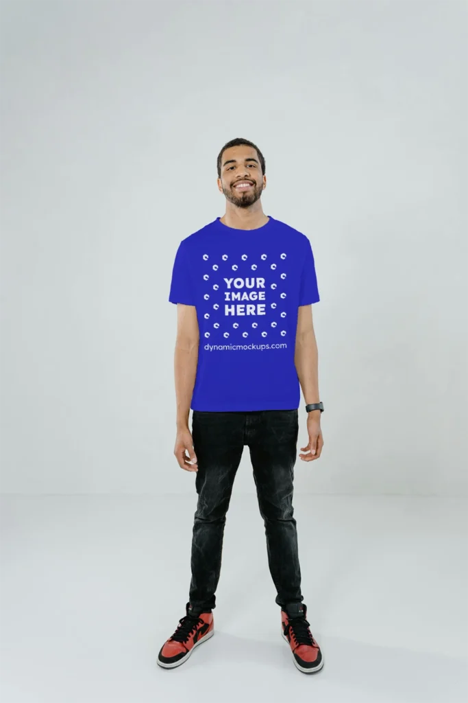 Man Wearing Blue T-shirt Mockup Front View Template