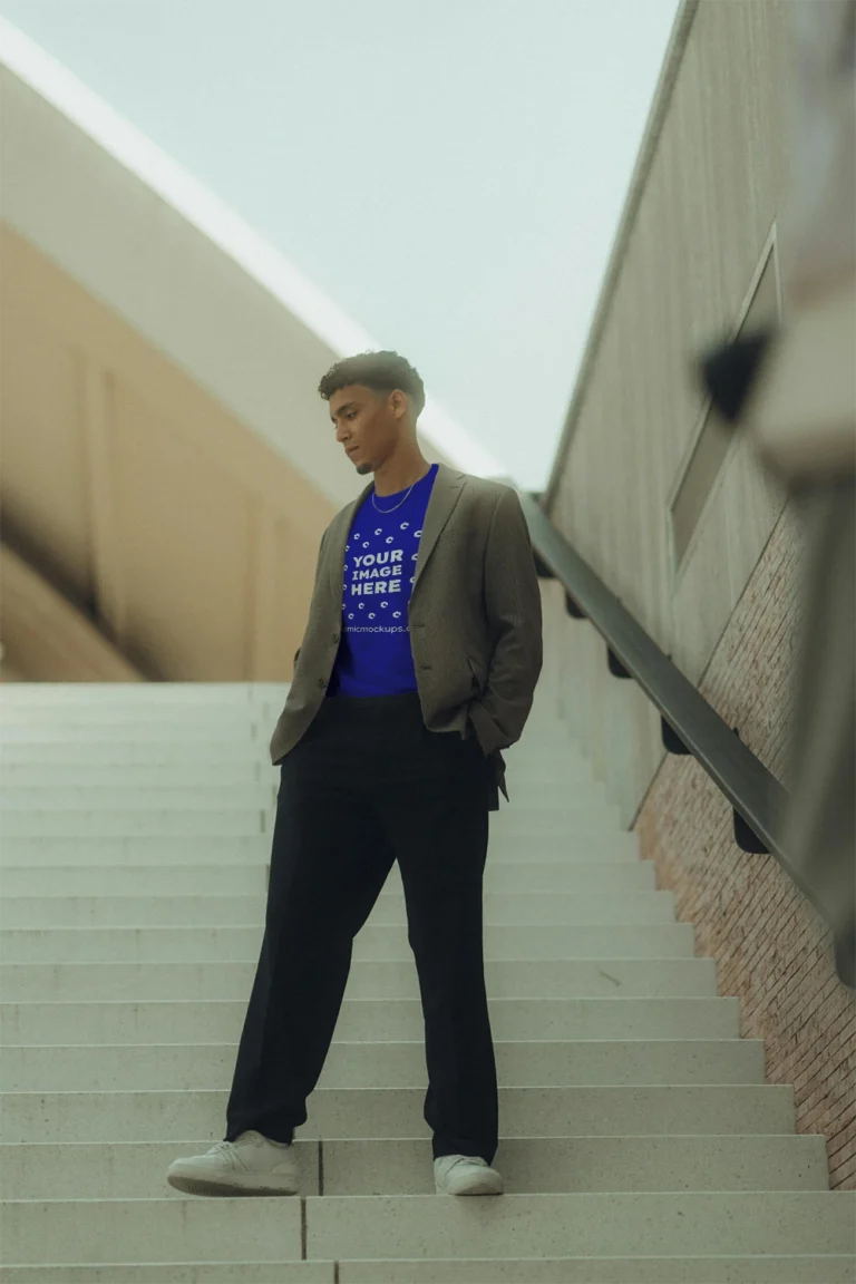 Man Wearing Blue T-shirt Mockup Front View Template