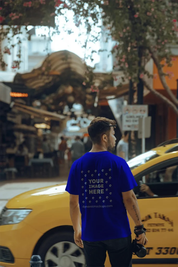 Man Wearing Blue T-shirt Mockup Back View Template