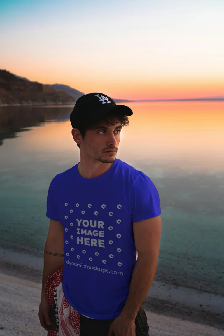 Man Wearing Blue T-shirt Mockup Front View Template