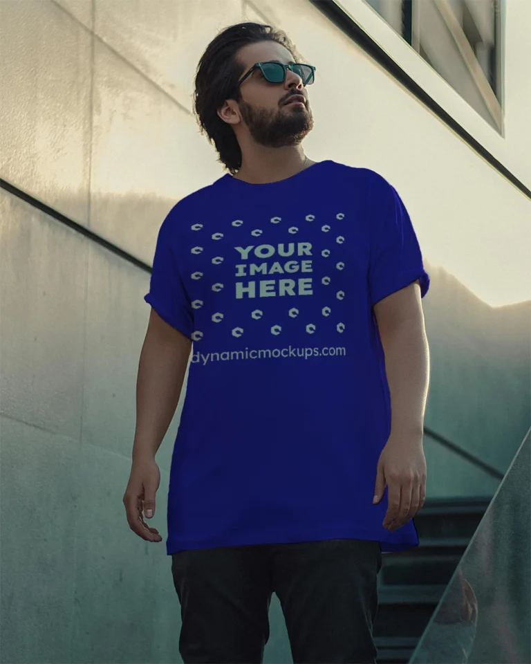 Man Wearing Blue T-shirt Mockup Front View Template