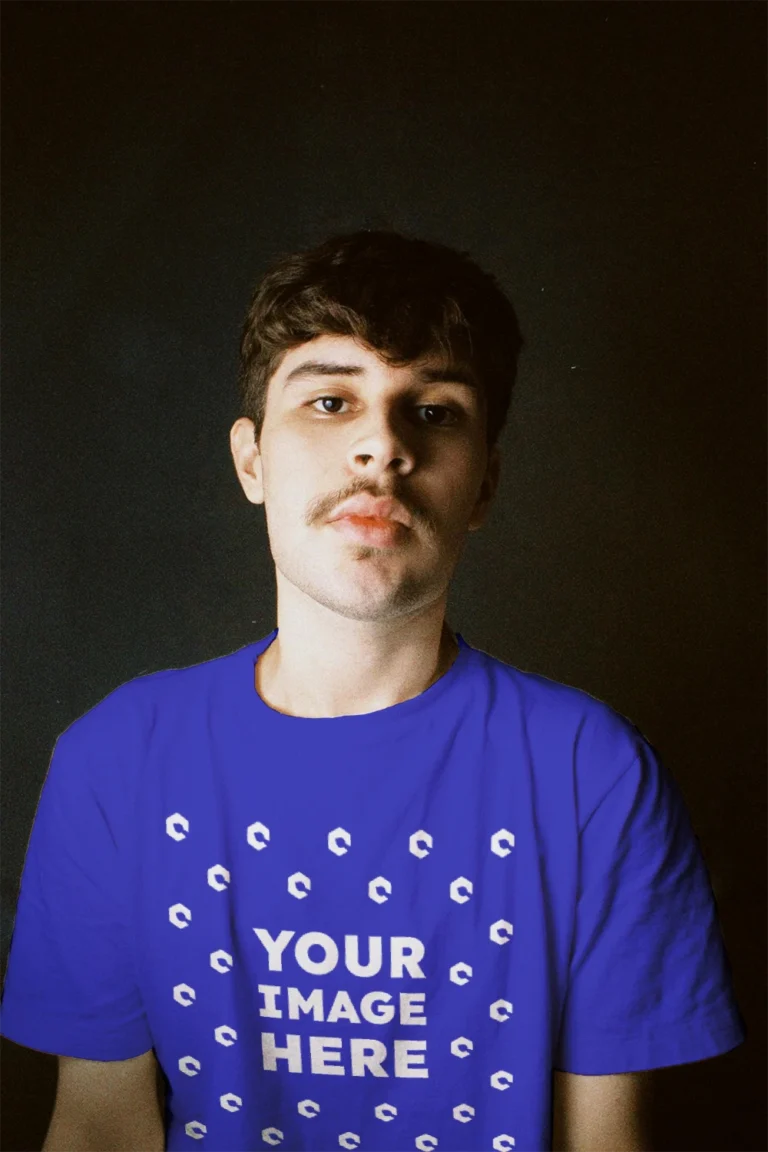 Man Wearing Blue T-shirt Mockup Front View Template