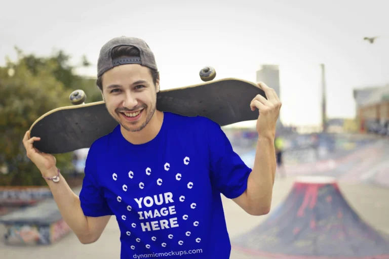 Man Wearing Blue T-shirt Mockup Front View Template