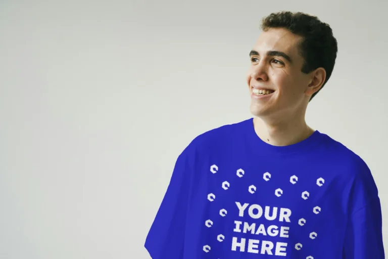 Man Wearing Blue T-shirt Mockup Front View Template