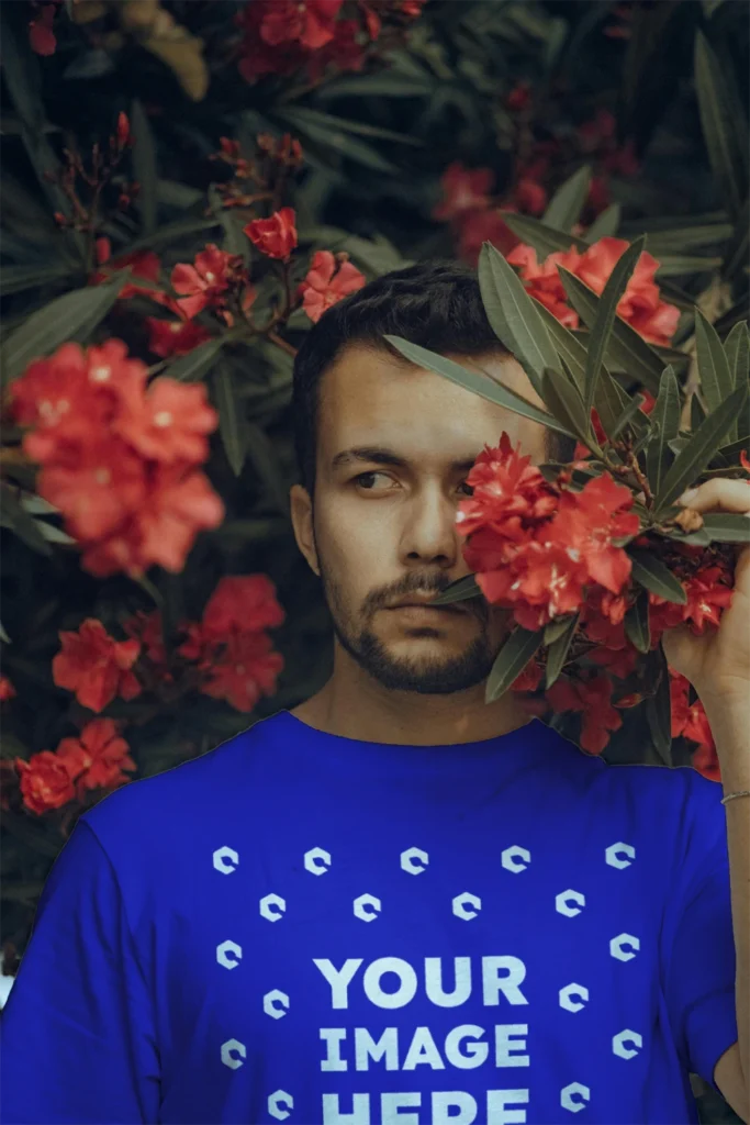 Man Wearing Blue T-shirt Mockup Front View Template