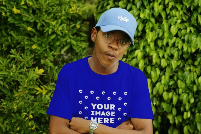 Man Wearing Blue T-shirt Mockup Front View Template