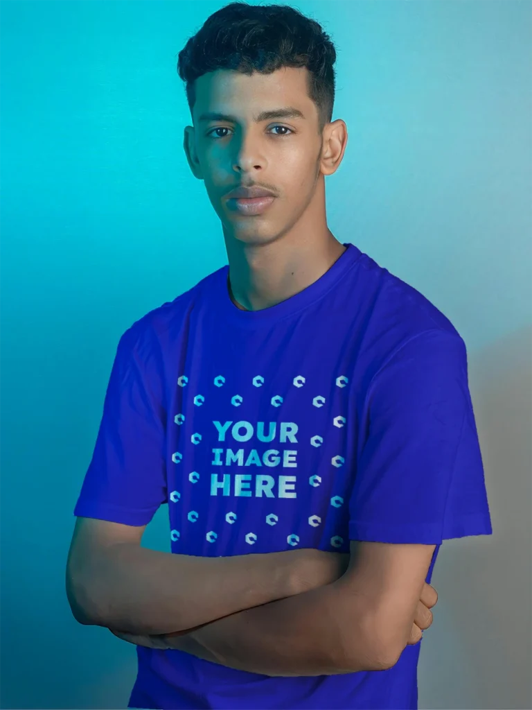 Man Wearing Blue T-shirt Mockup Front View Template