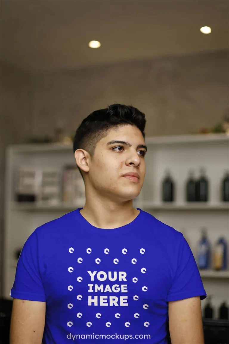 Man Wearing Blue T-shirt Mockup Front View Template