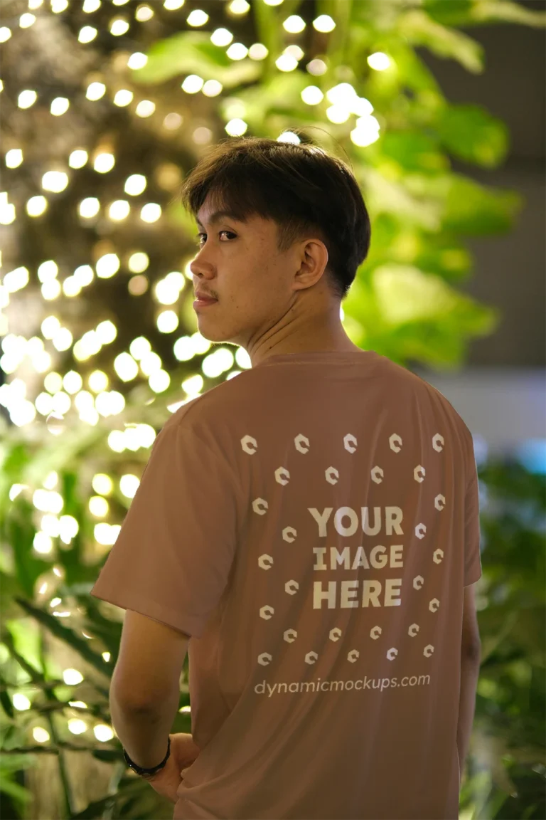 Man Wearing Brown T-shirt Mockup Back View Template