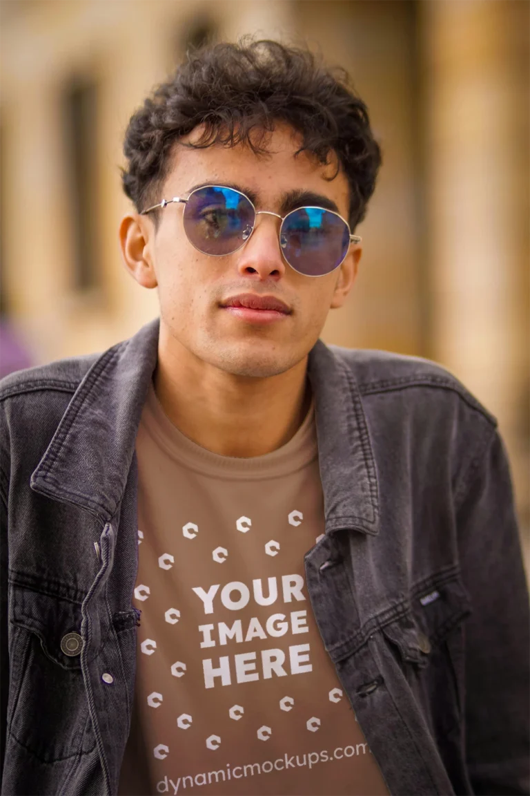 Man Wearing Brown T-shirt Mockup Front View Template