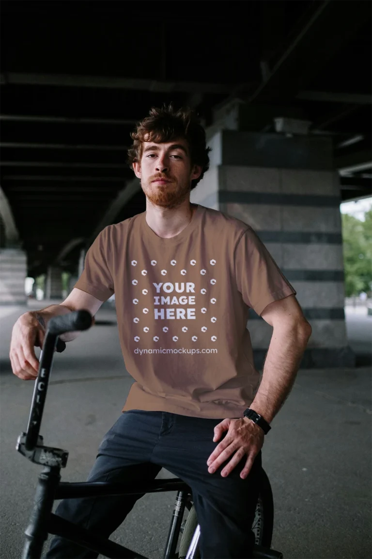 Man Wearing Brown T-shirt Mockup Front View Template