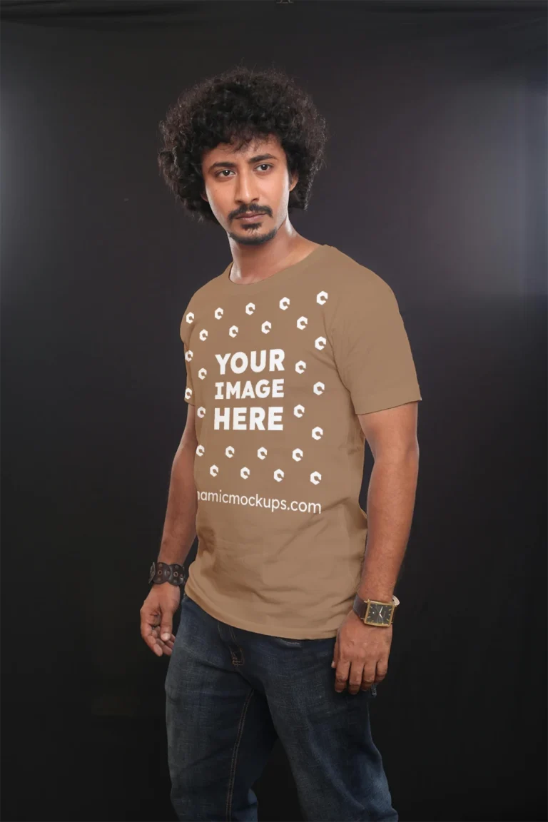 Man Wearing Brown T-shirt Mockup Front View Template