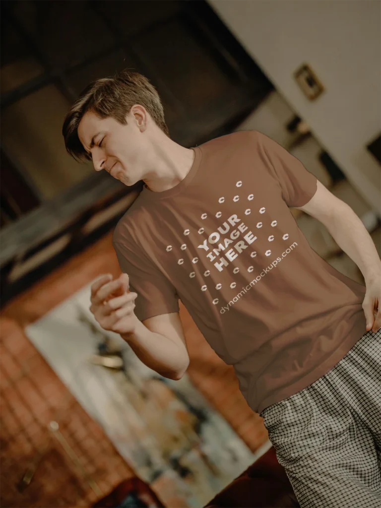 Man Wearing Brown T-shirt Mockup Front View Template