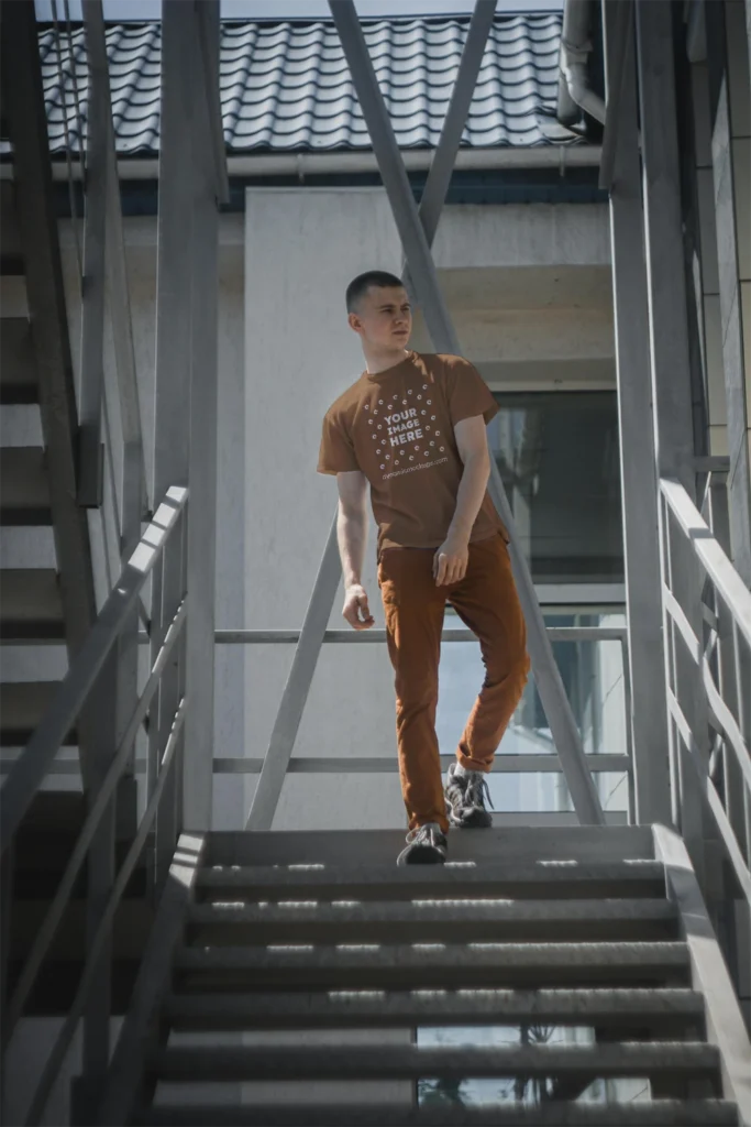 Man Wearing Brown T-shirt Mockup Front View Template